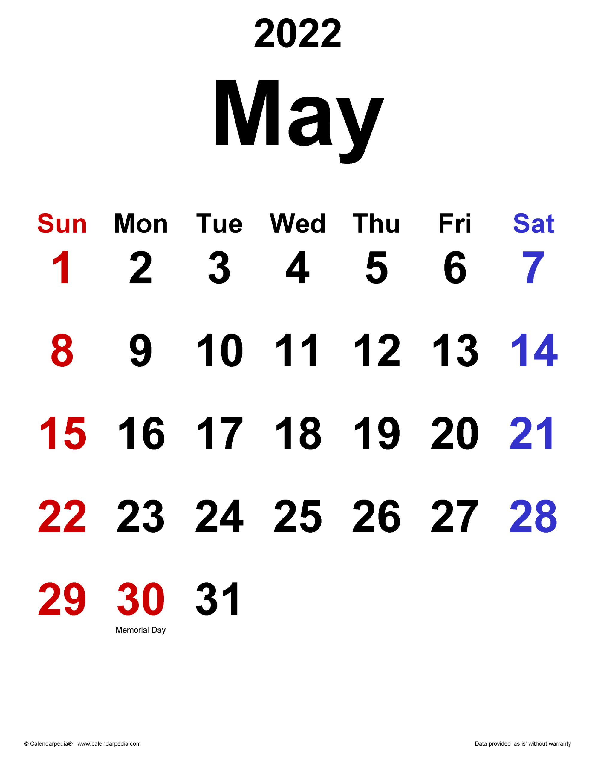 May 2022 Calendar | Templates For Word, Excel And Pdf