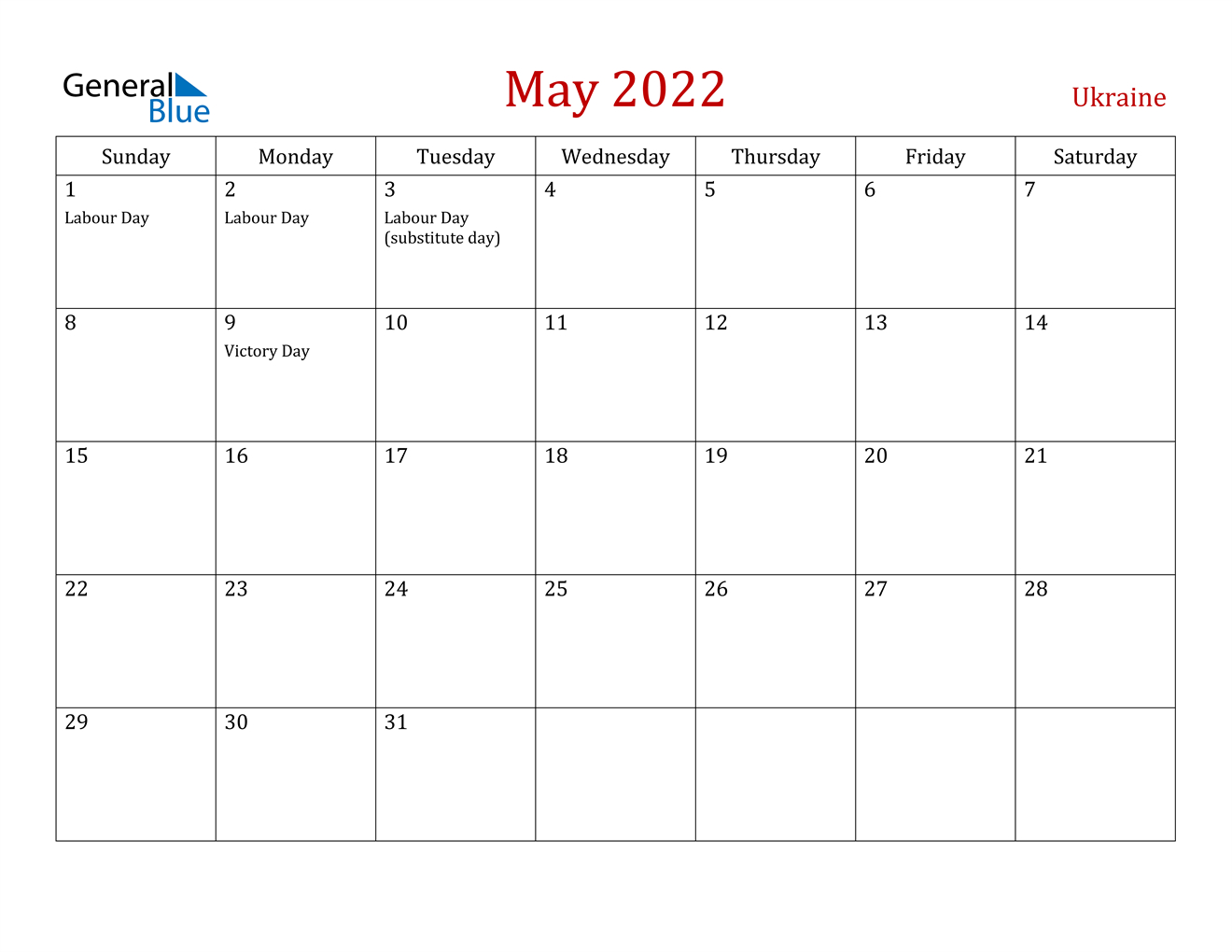 May 2022 Calendar - Ukraine