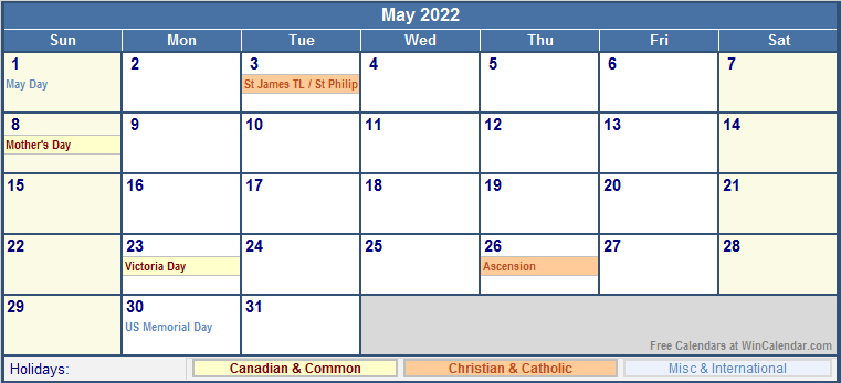 May 2022 Canada Calendar With Holidays For Printing (Image