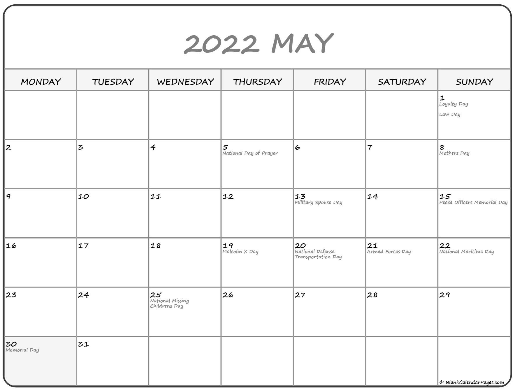 May 2022 Monday Calendar | Monday To Sunday