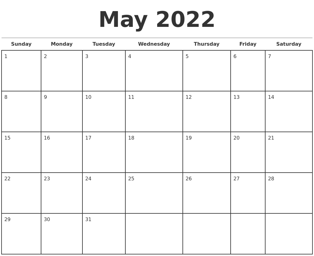 May 2022 Monthly Calendar Template