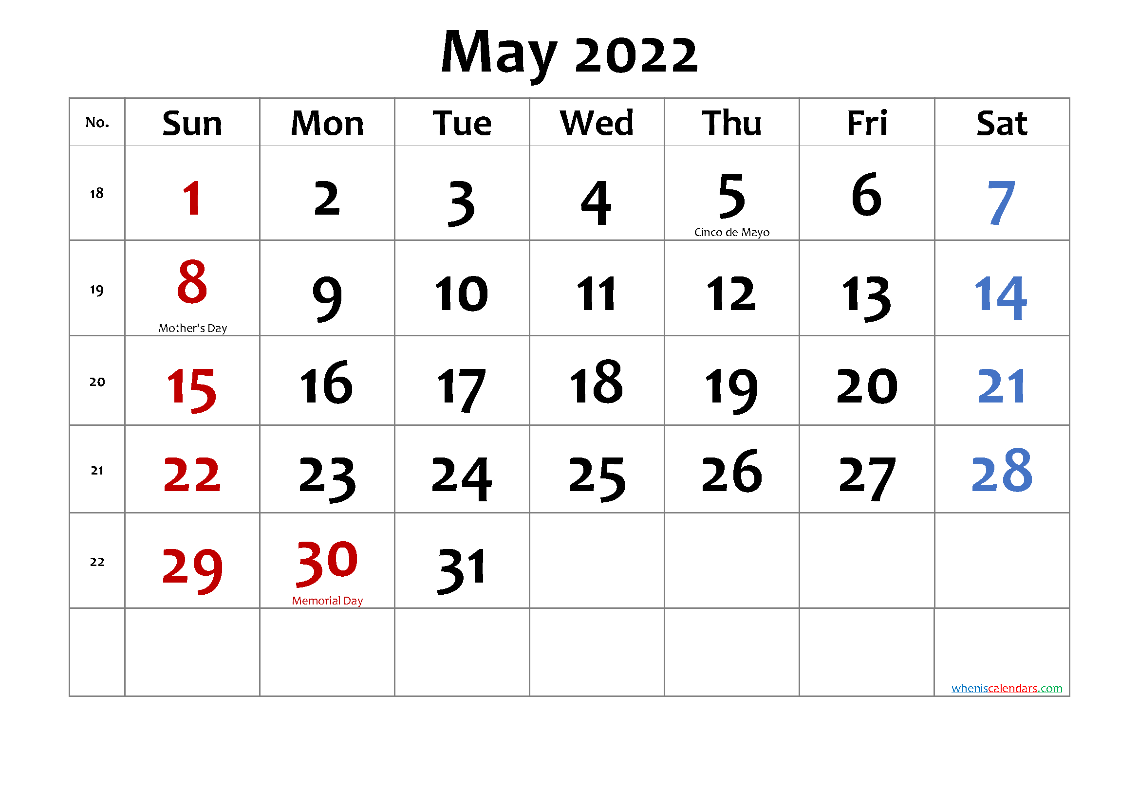 May 2022 Printable Calendar With Holidays - Free Printable