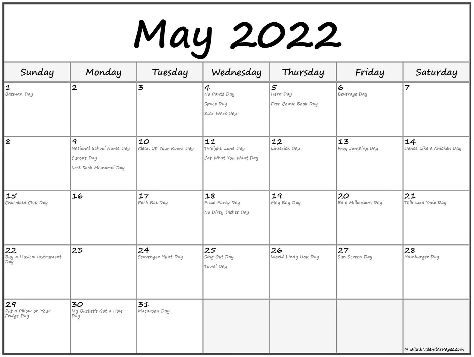 May 2022 With Holidays Calendar