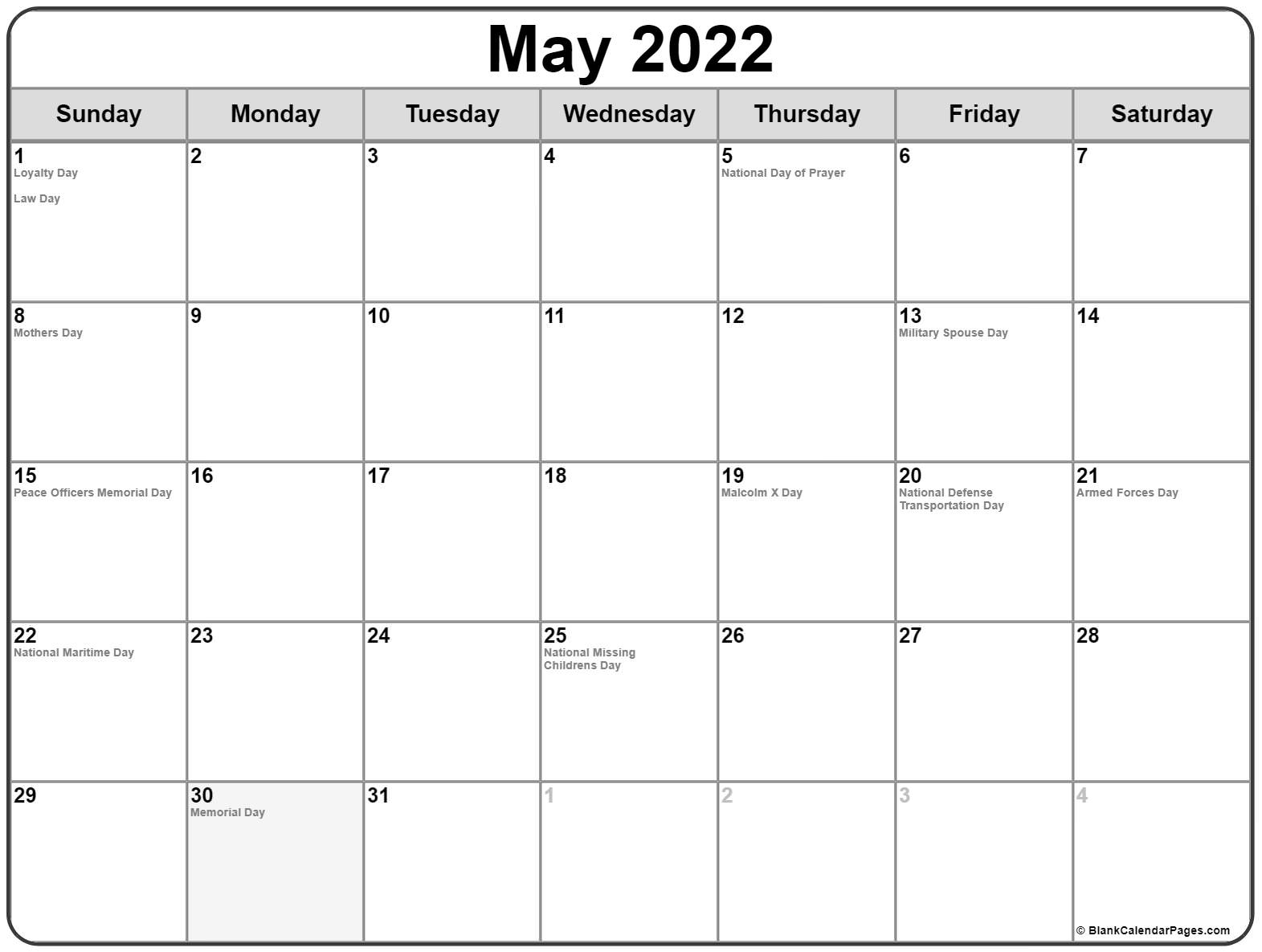 May 2022 With Holidays Calendar