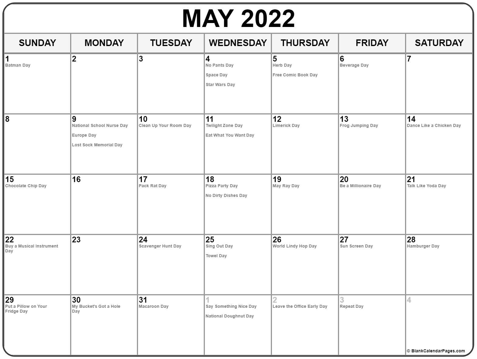 May 2022 With Holidays Calendar