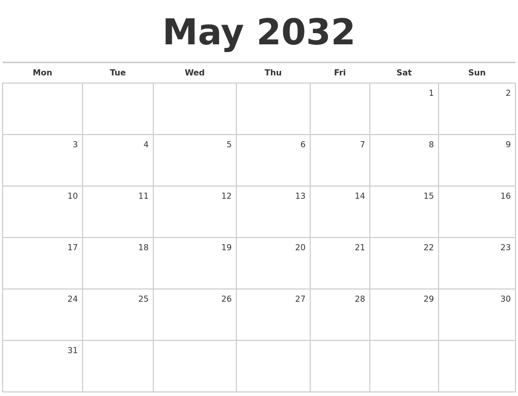 May 2032 Blank Monthly Calendar
