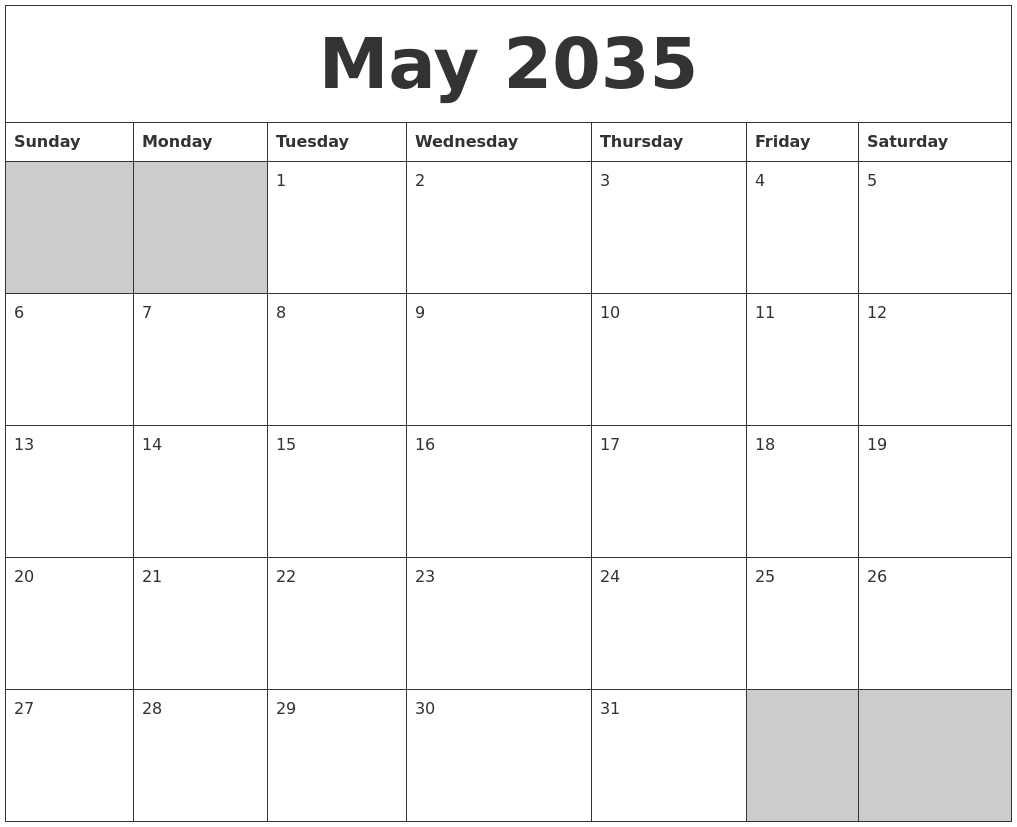May 2035 Blank Printable Calendar