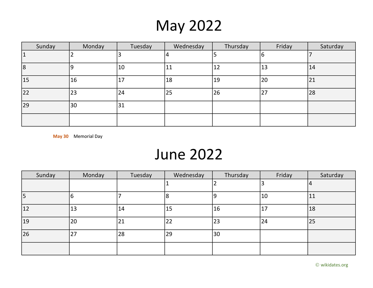 May And June 2022 Calendar | Wikidates