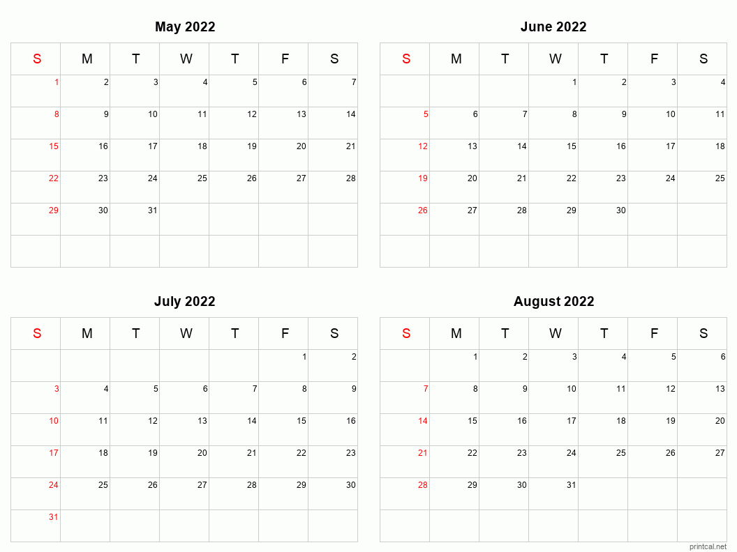 May-Aug 2022 Printable Calendar | Four Months Per Page