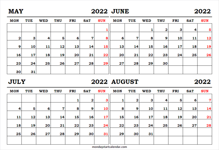 May June July August Calendar 2022 - Free Printable