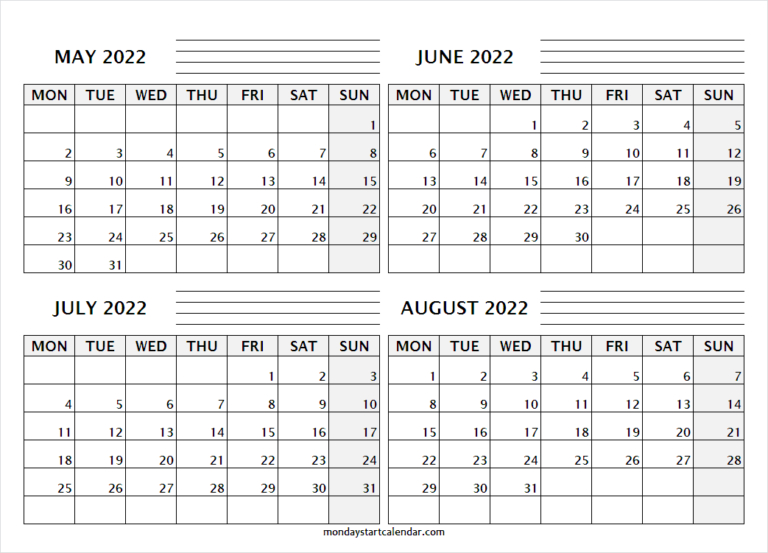 May June July August Calendar 2022 - Free Printable