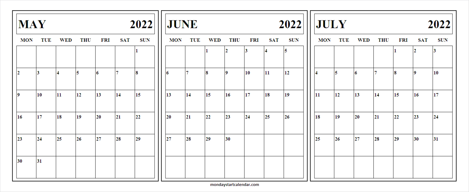May June July Calendar 2022 Printable - Free May To July
