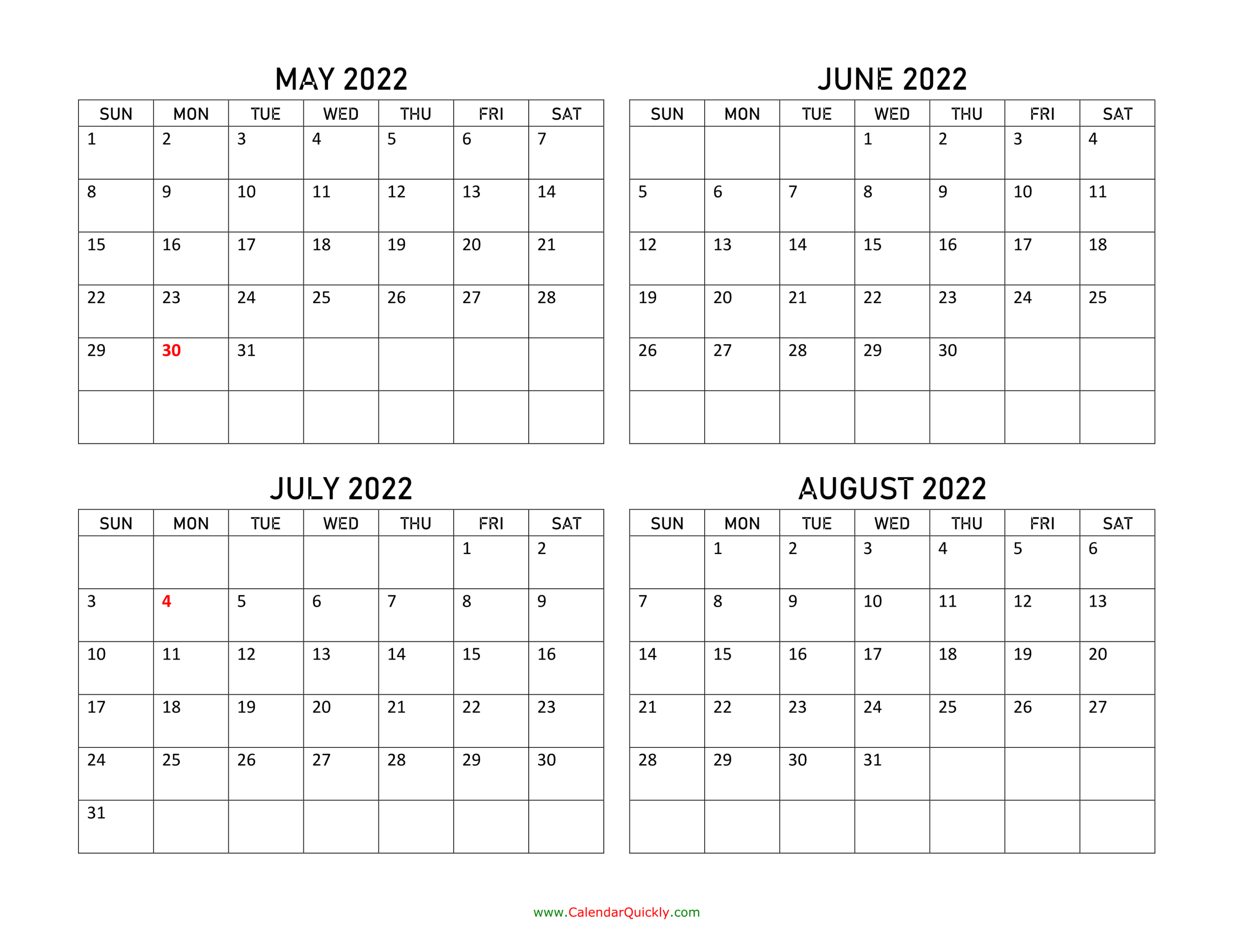 May To August 2022 Calendar | Calendar Quickly