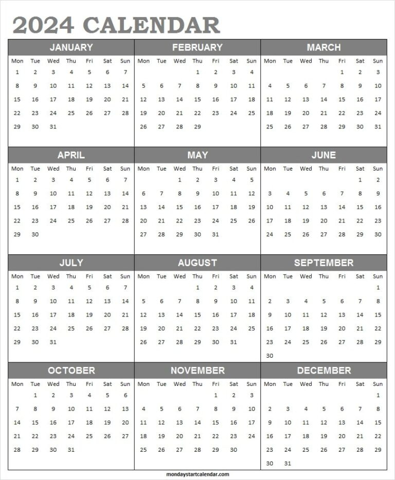 Monday Start 2024 Calendar Template Excel | Full Year