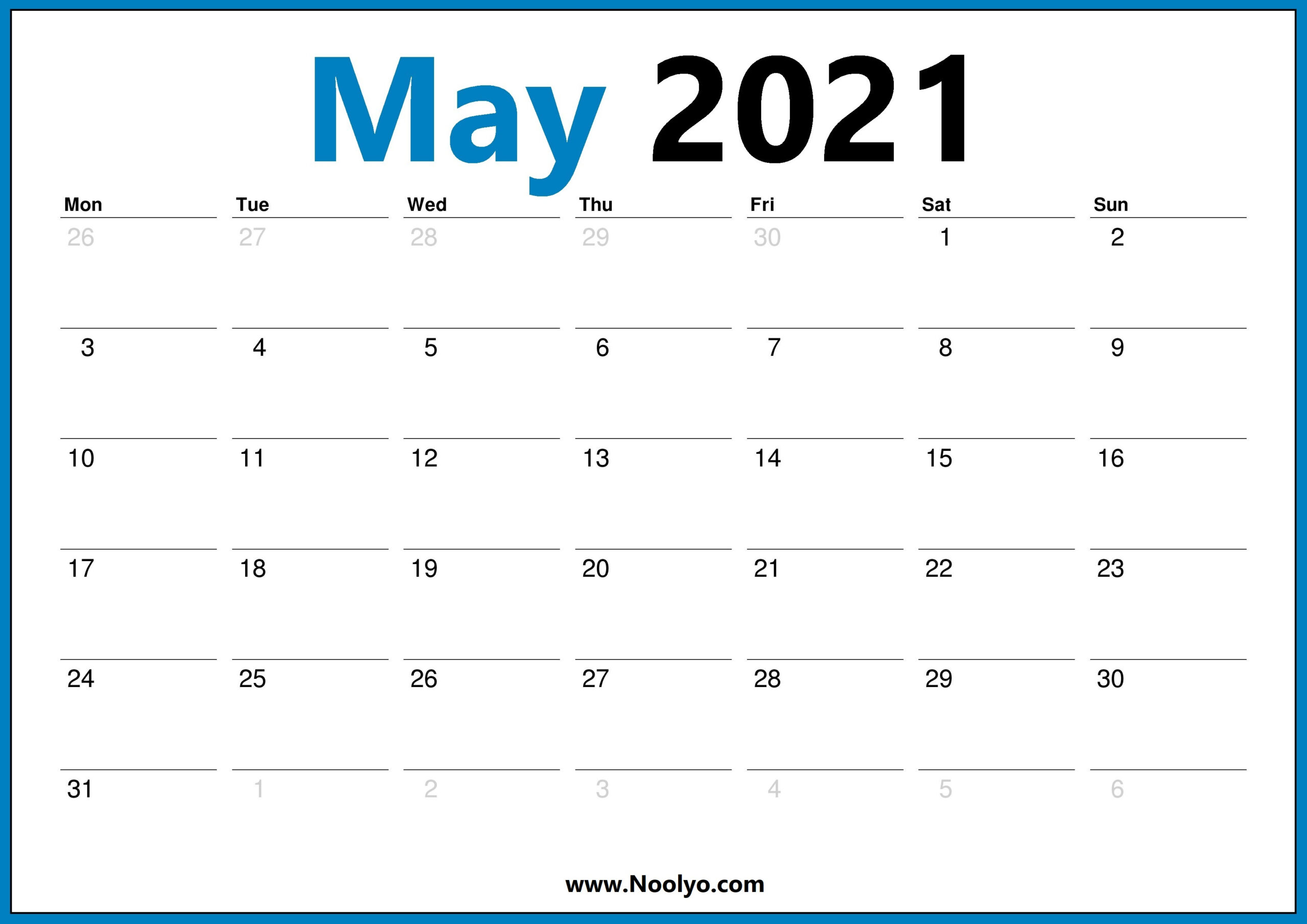Monday Start May 2021 Calendar Printable Hd One Page