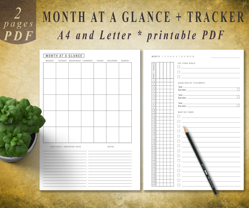 Month At A Glance Printable Planner With Habit Tracker