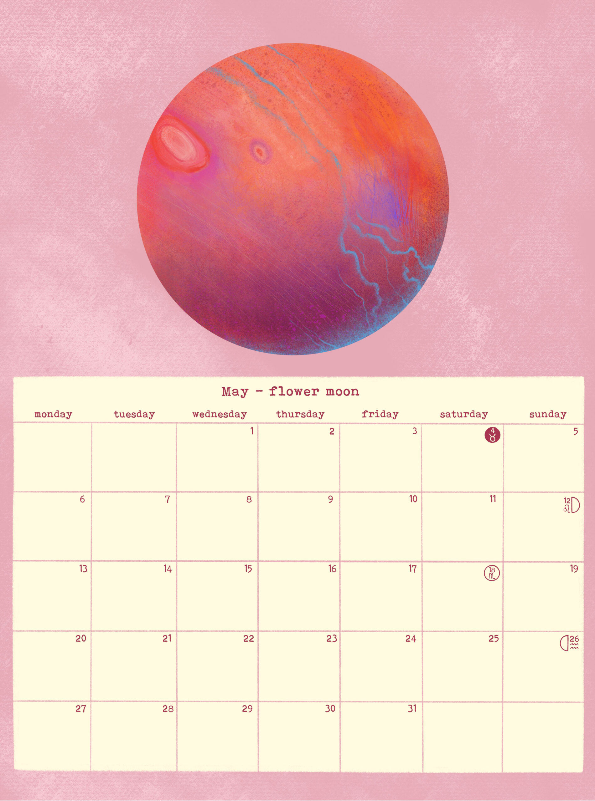 Monthly Calendar 2019, Moon Calendar, Desk Planner, Zodiac