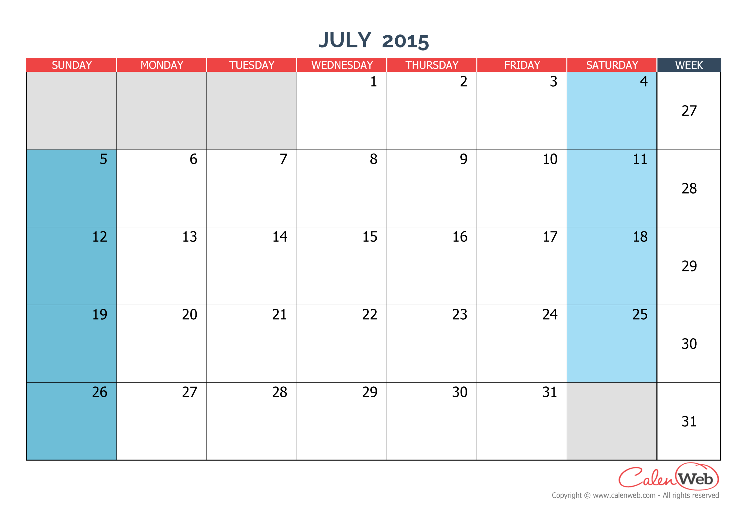 Monthly Calendar - Month Of July 2015 The Week Starts On
