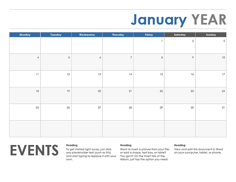 Monthly Calendar Starting With Monday - Calendar Printable