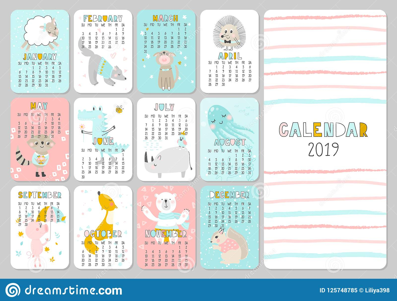 Monthly Creative Calendar 2019 With Cute Animals. Concept