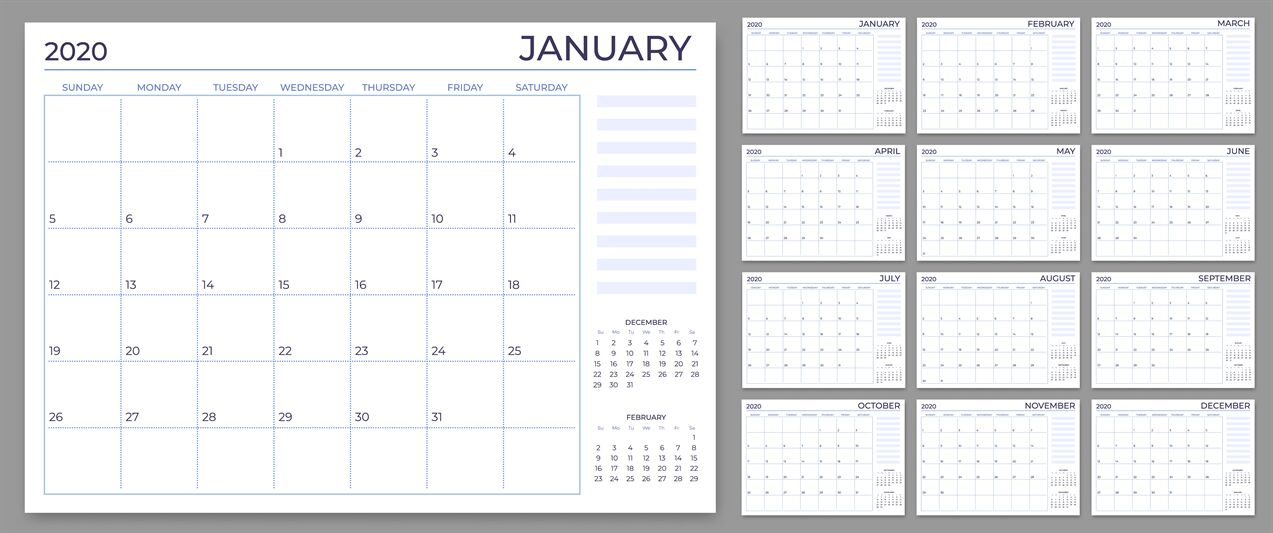 Monthly Planner Template. Year Calendar Notes Grid, 2020