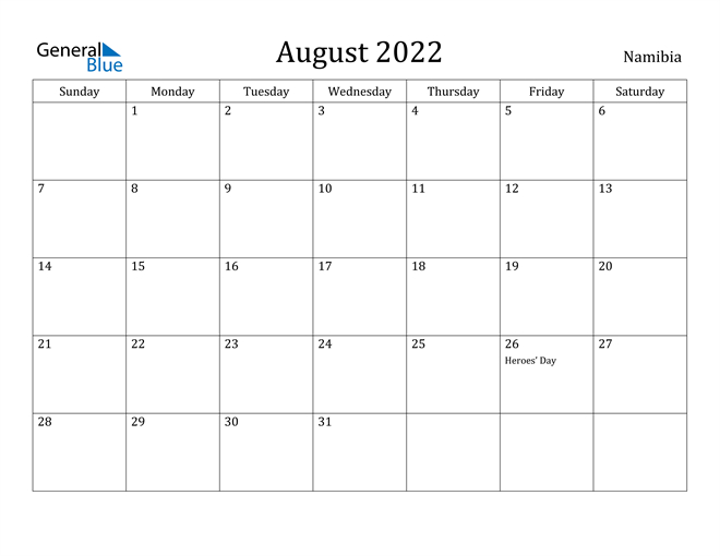 Namibia August 2022 Calendar With Holidays