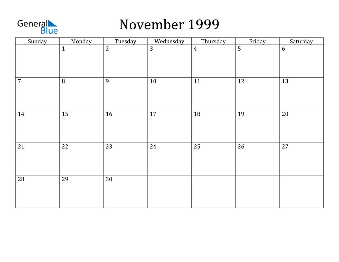 November 1999 Calendar - Pdf Word Excel