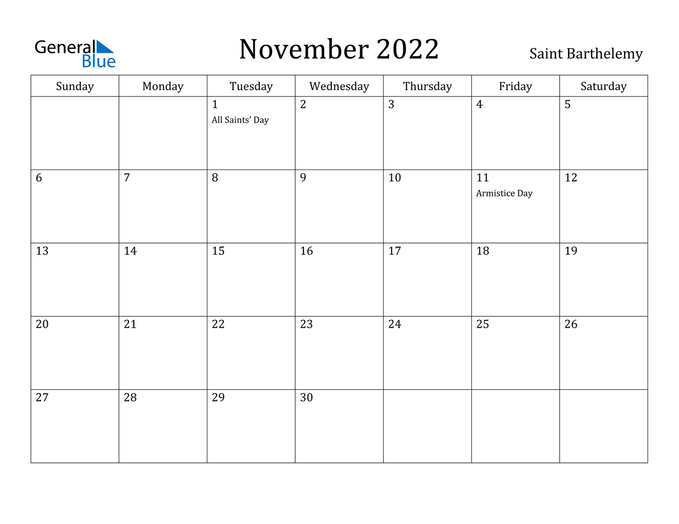 November 2022 Calendar - Saint Barthelemy