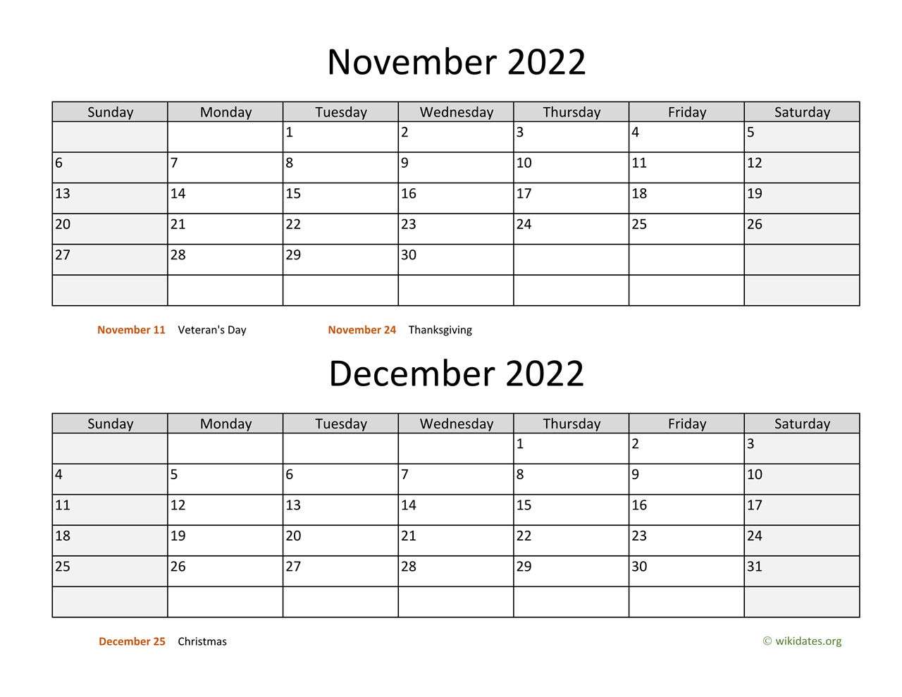 November And December 2022 Calendar | Wikidates