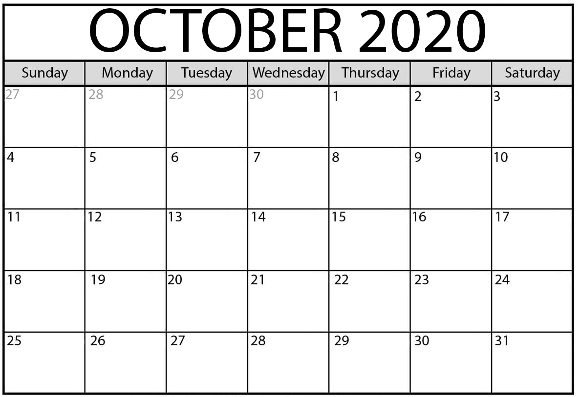 October 2020 Printable Calendar Free With Holidays