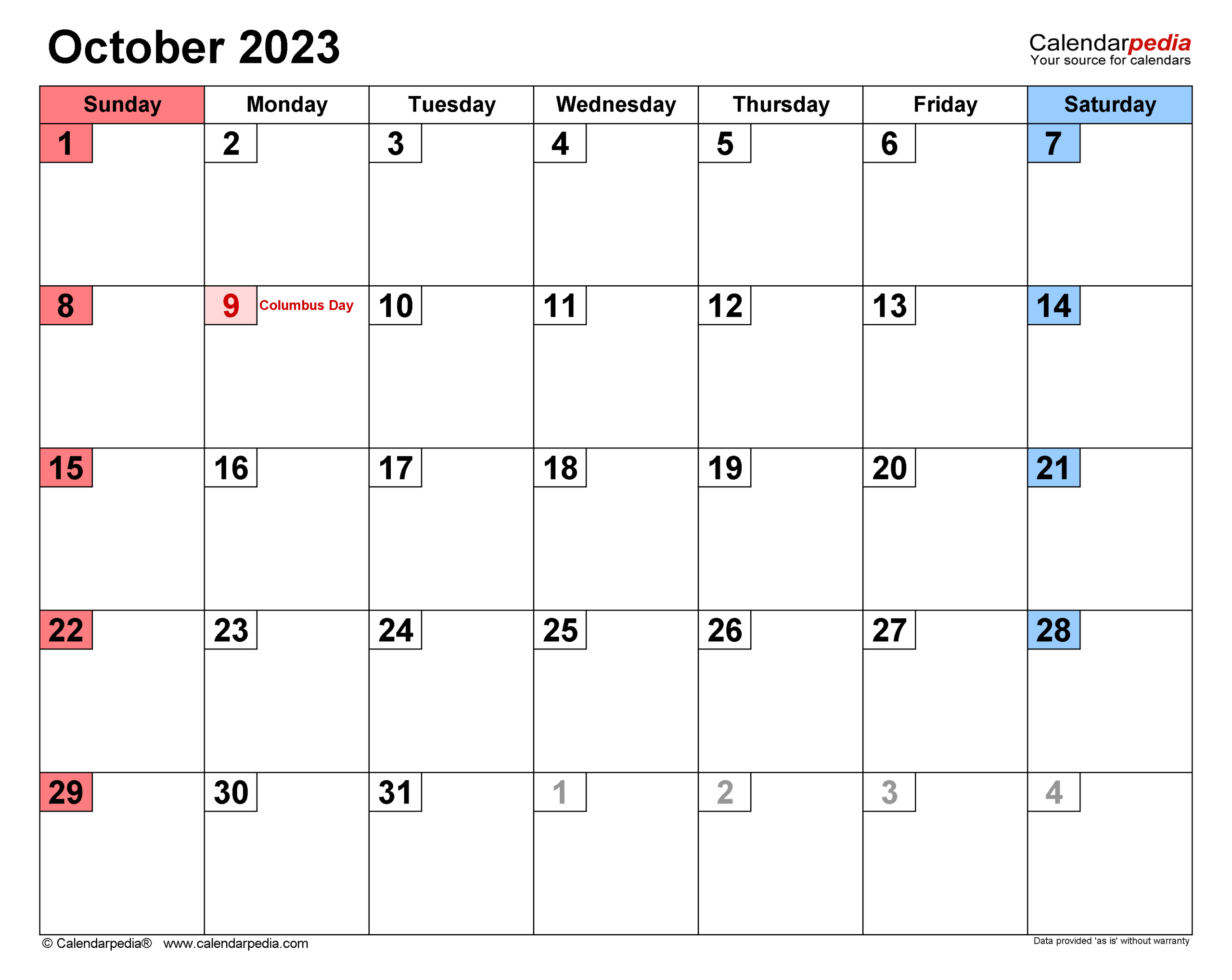October 2023 Calendar | Templates For Word, Excel And Pdf