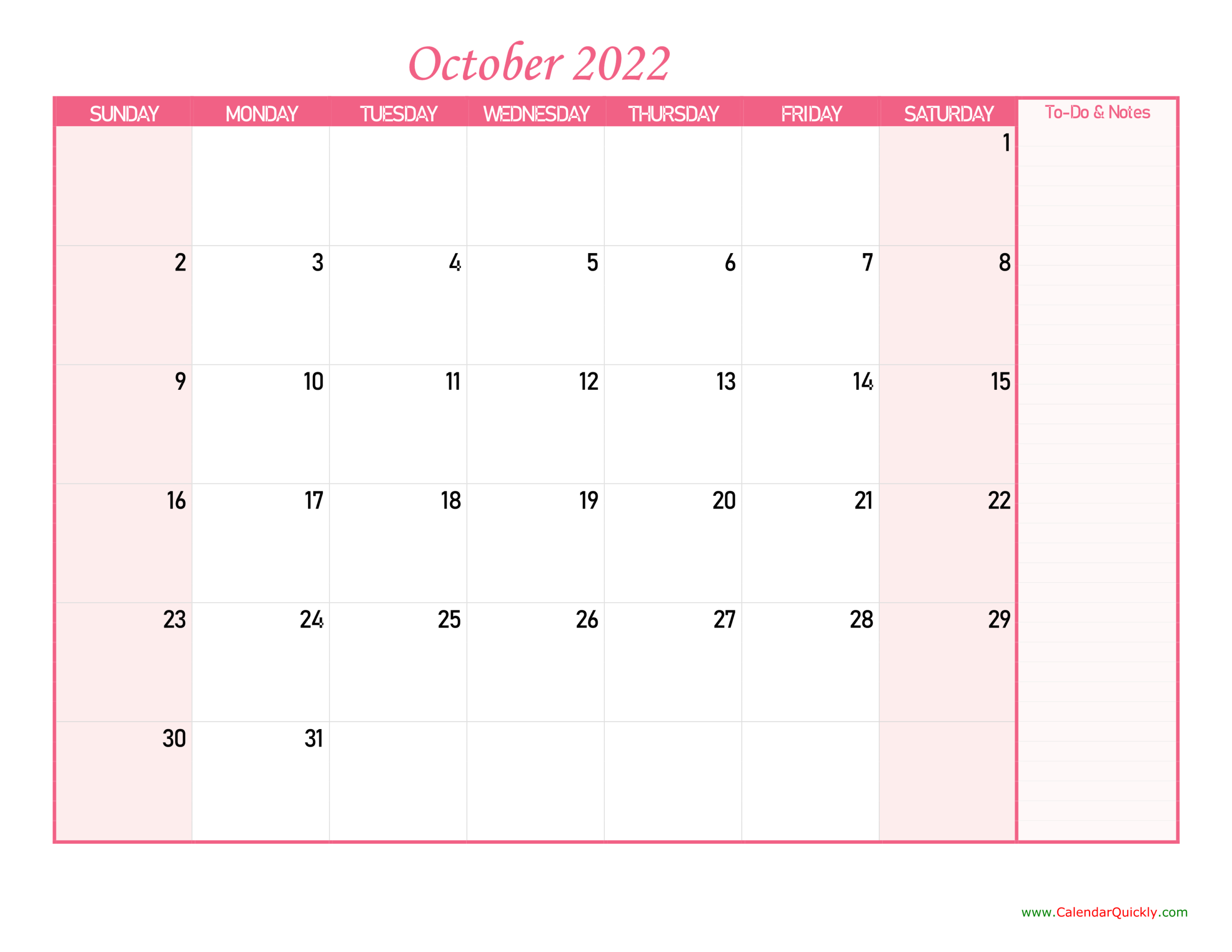 October Calendar 2022 With Notes | Calendar Quickly