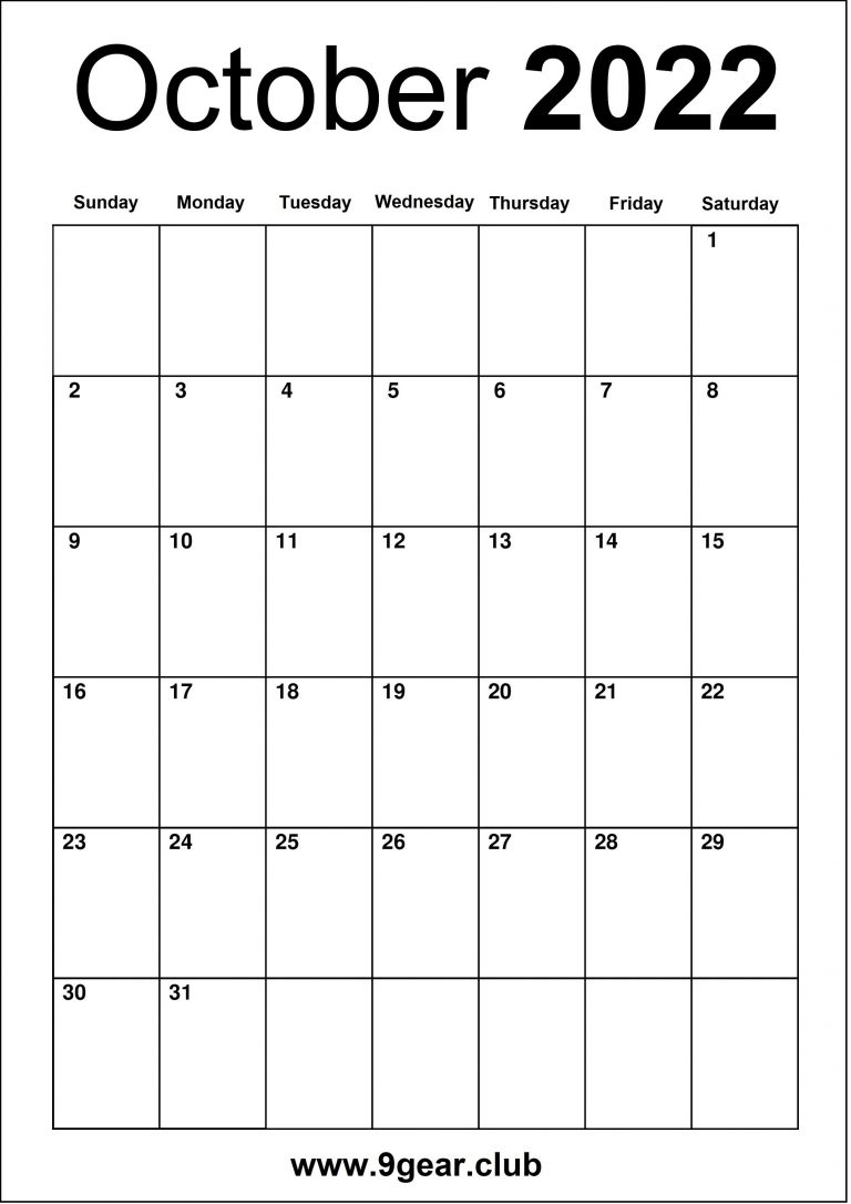 October Calendar Monthly 2022 Blank - Printable Calendars 2022