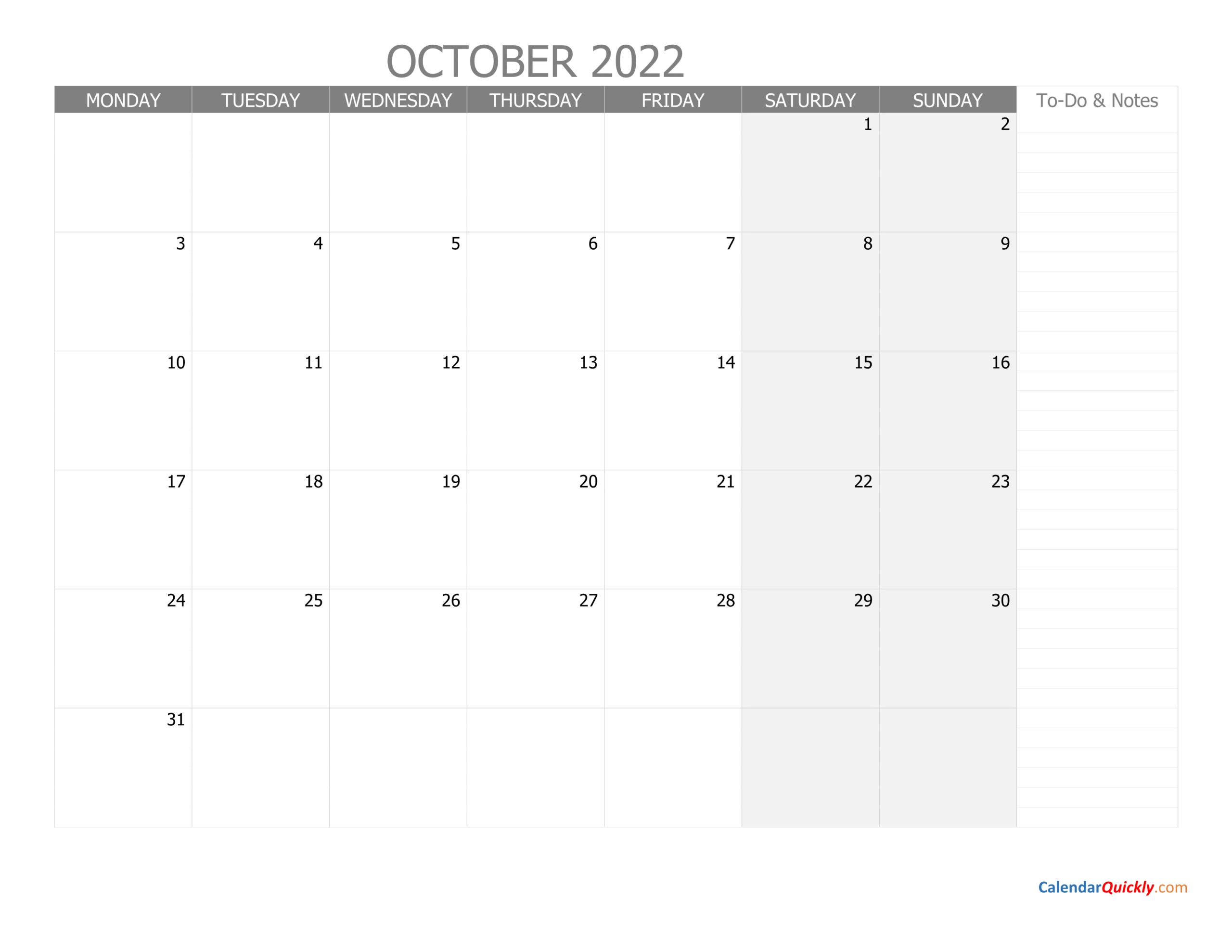 October Monday Calendar 2022 With Notes | Calendar Quickly