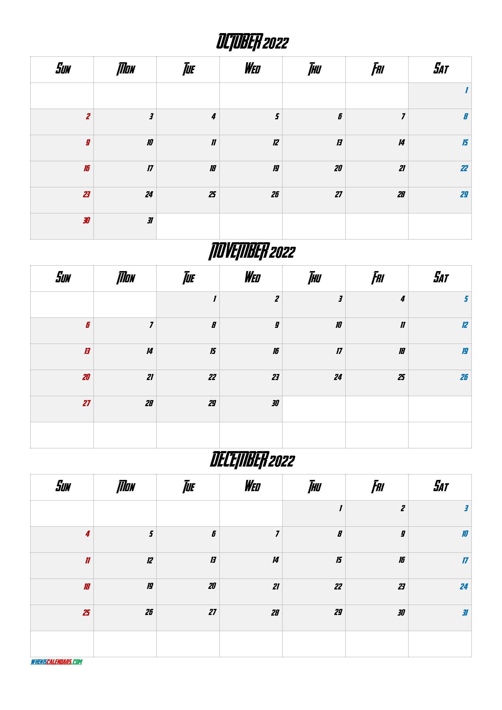 October November December 2022 Calendar Printable Free [Q1