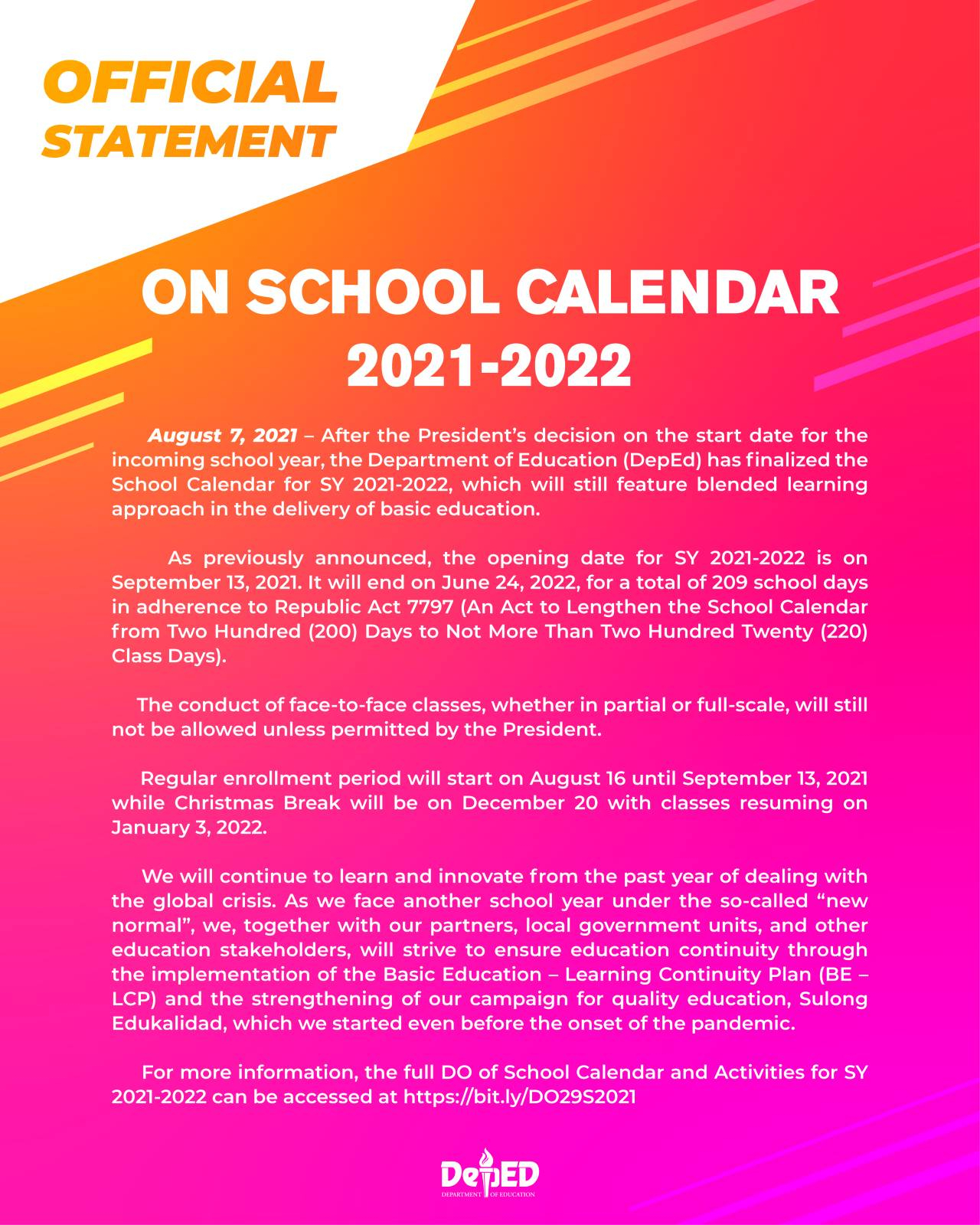 On School Calendar 2021-2022 | August 7, 2021 - After The