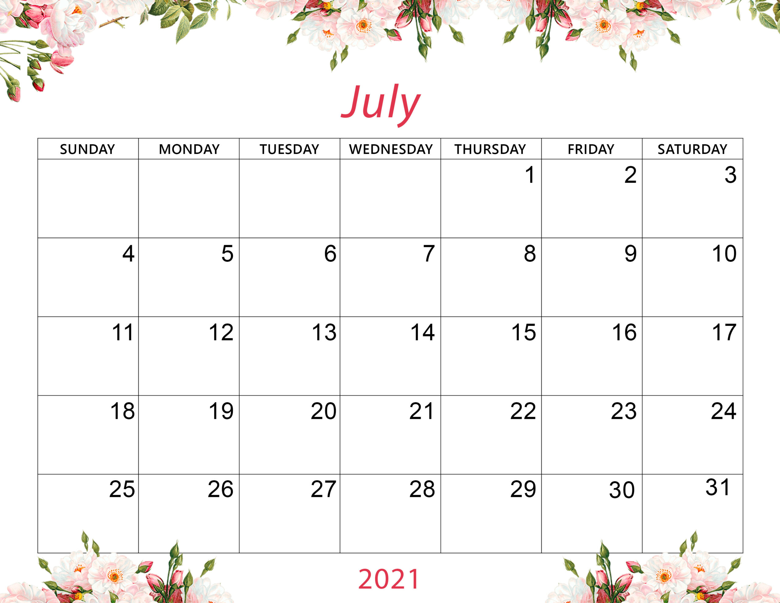 Online Cute July 2021 Calendar - Nosubia