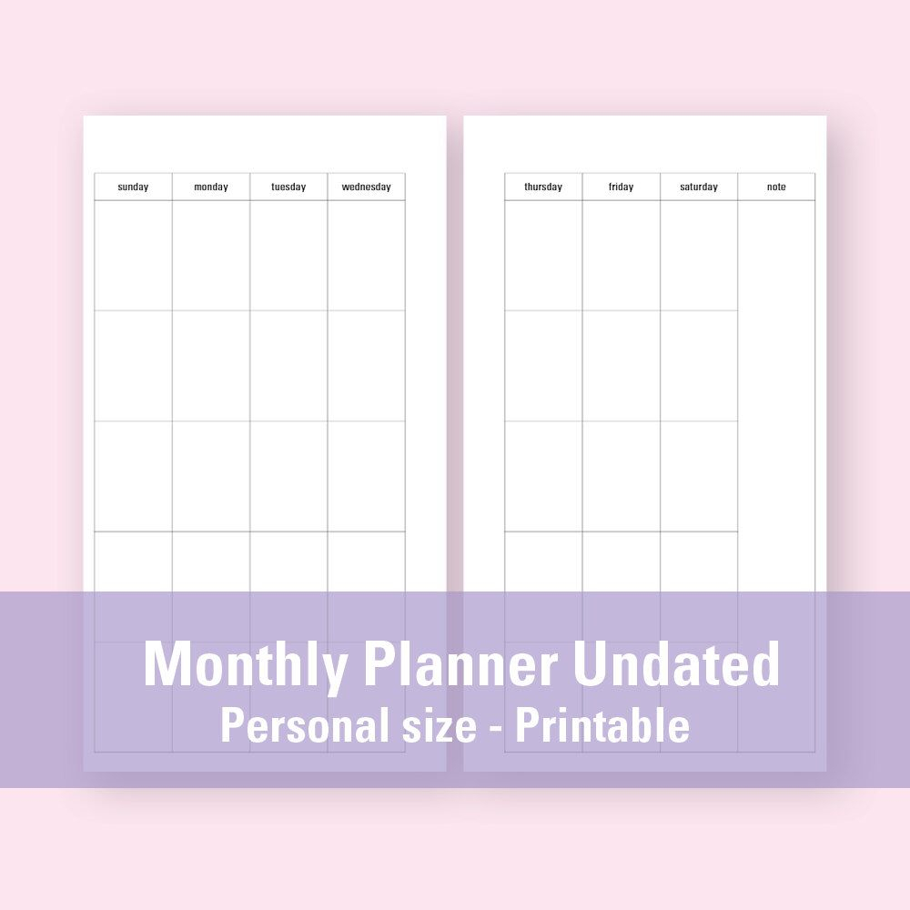 Personal Size Monthly Planner Undated, Printable Monthly