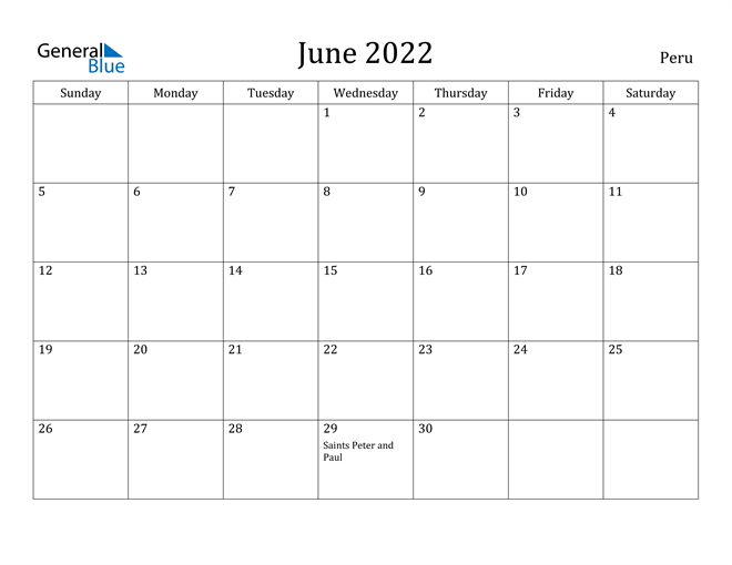 Peru June 2022 Calendar With Holidays
