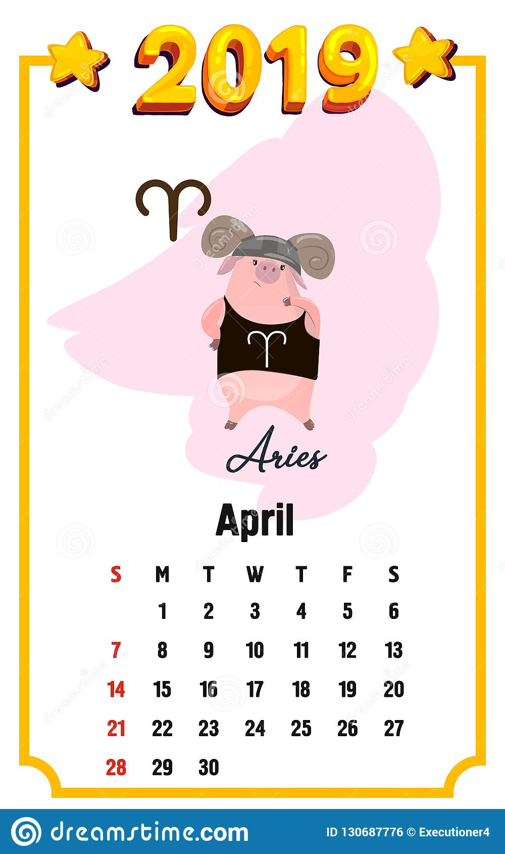 Pig Calendar For April 2019. Cute Month Calendar With