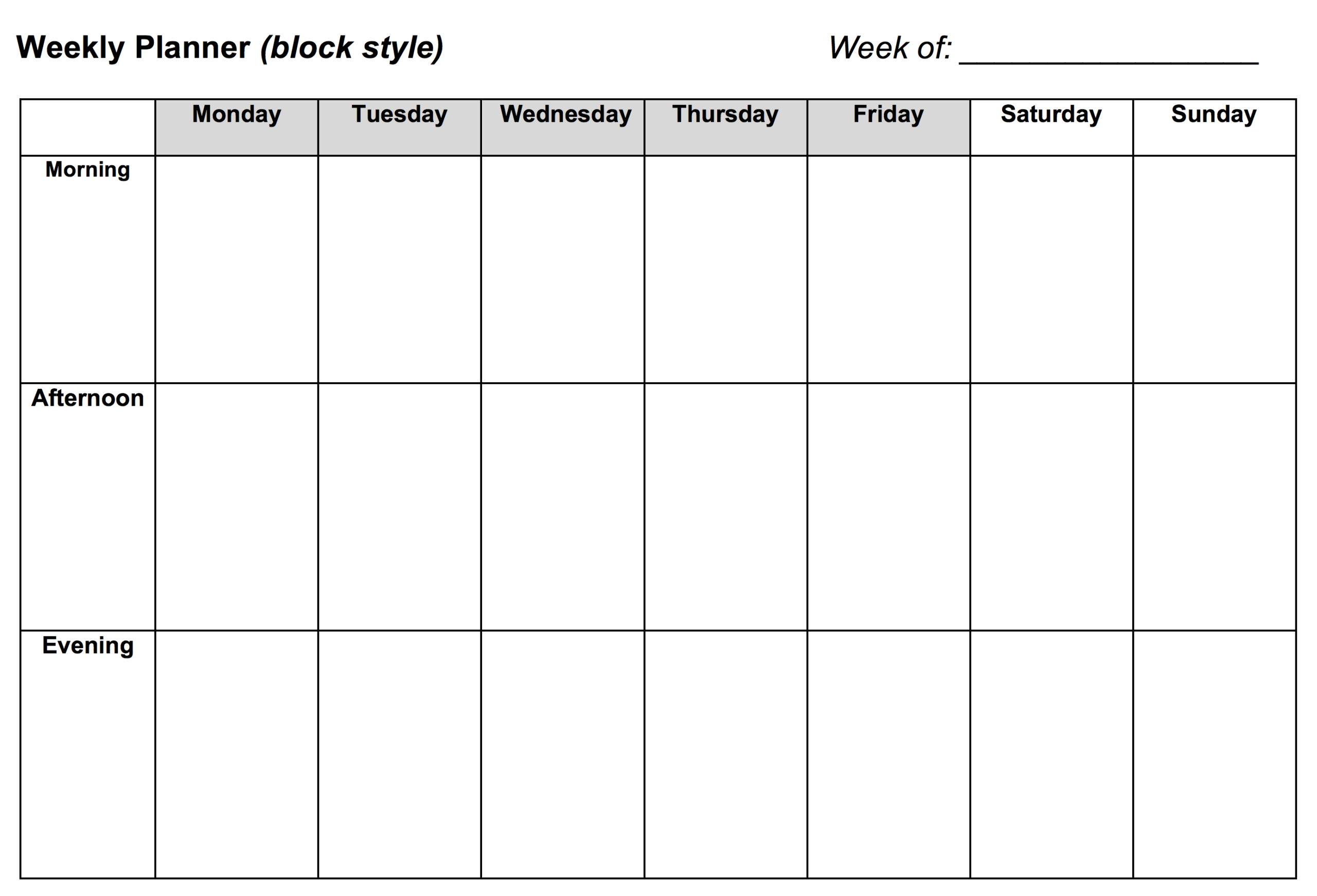 Preview Of The Weekly Planner Block Style Document That