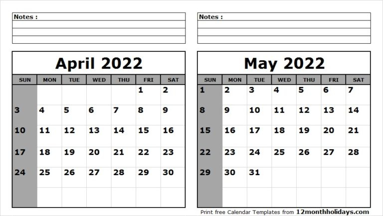 Print April May 2022 Calendar Template | 2 Month Calendar