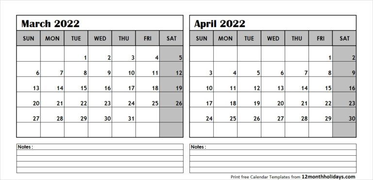 Print March April 2022 Calendar Template | 2 Month Calendar