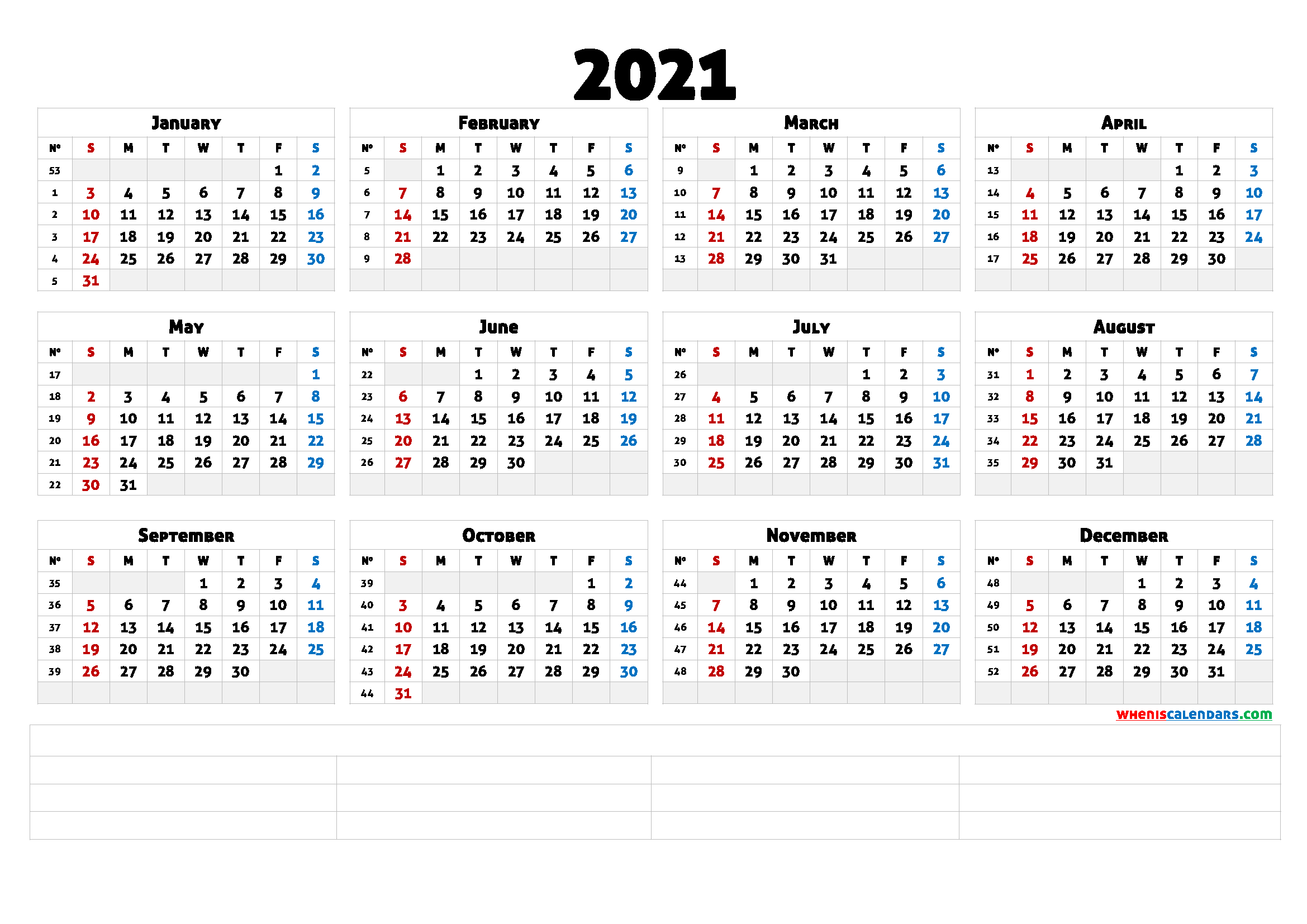 Printable 2021 Calendar With Week Numbers (6 Templates