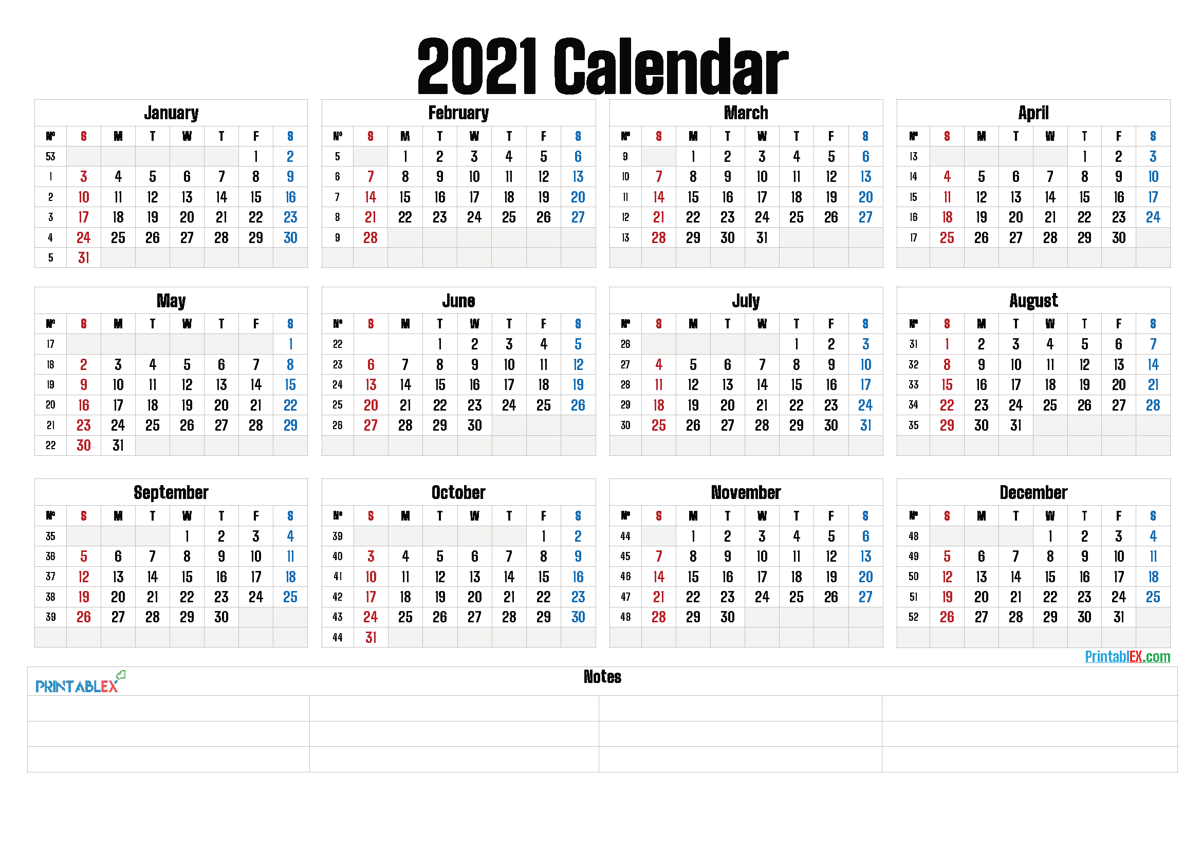 Printable 2021 Yearly Calendar With Week Numbers - 21Ytw161