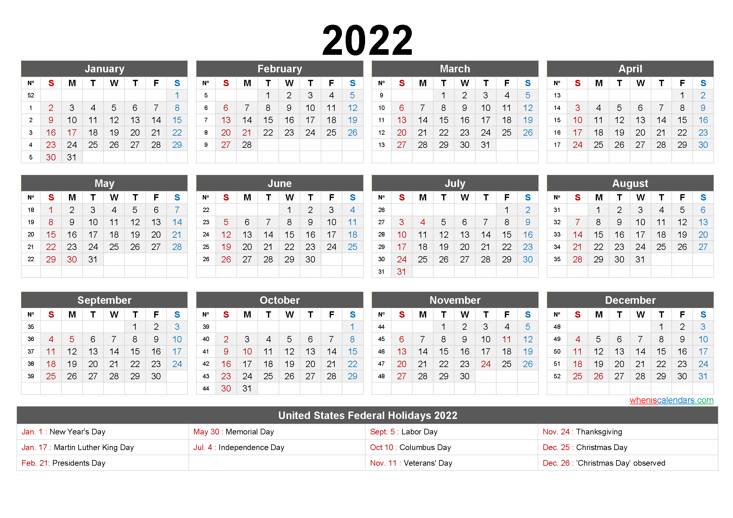 Printable 2022 Calendar One Page - 9 Templates