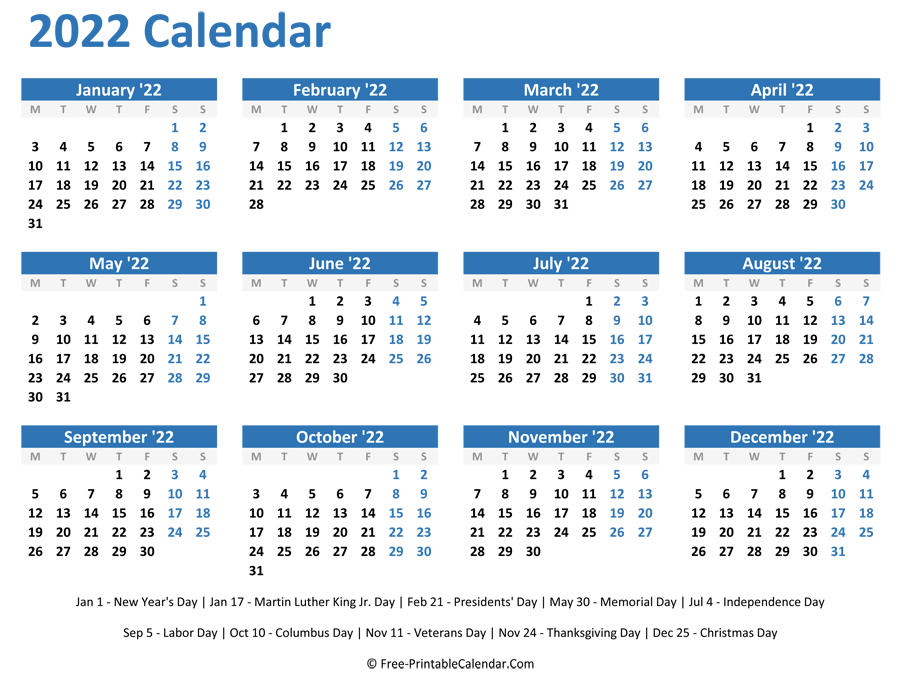 Printable 2022 Calendar With Canadian Holidays | Free