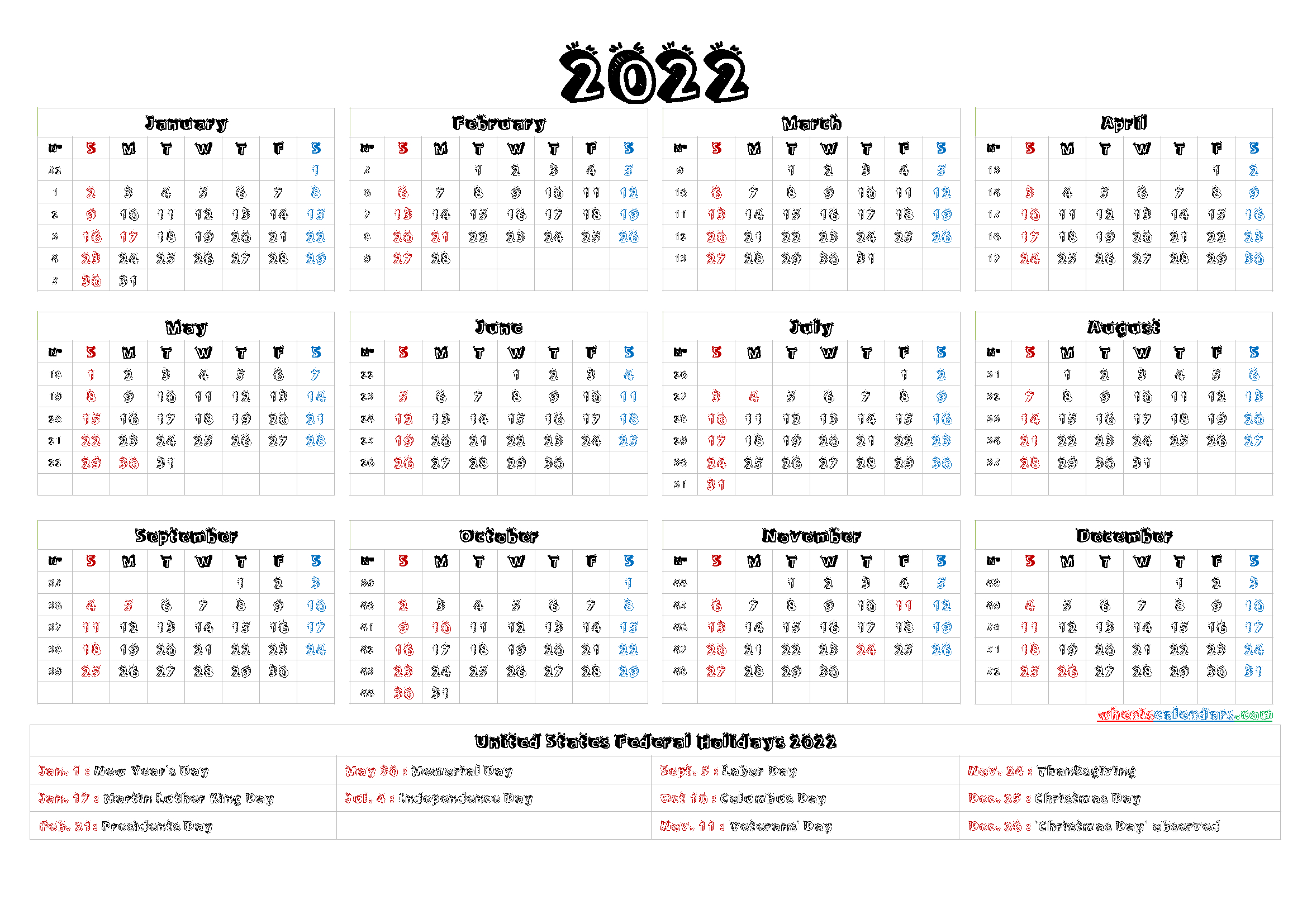 Printable 2022 Calendar With Holidays - 9 Templates