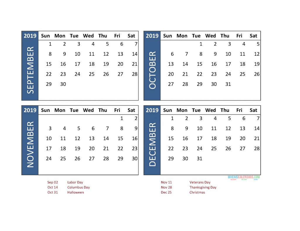 Printable 4 Month Calendar 2019 September October November