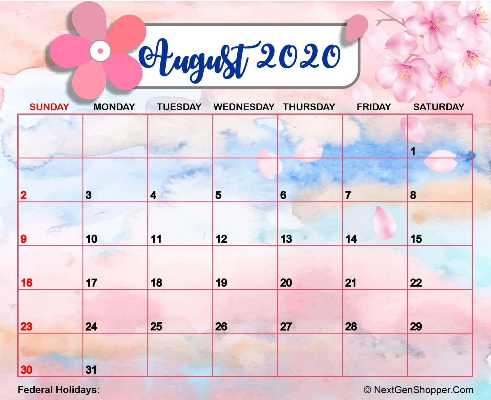 Printable August 2020 Calendar Template - Task Management